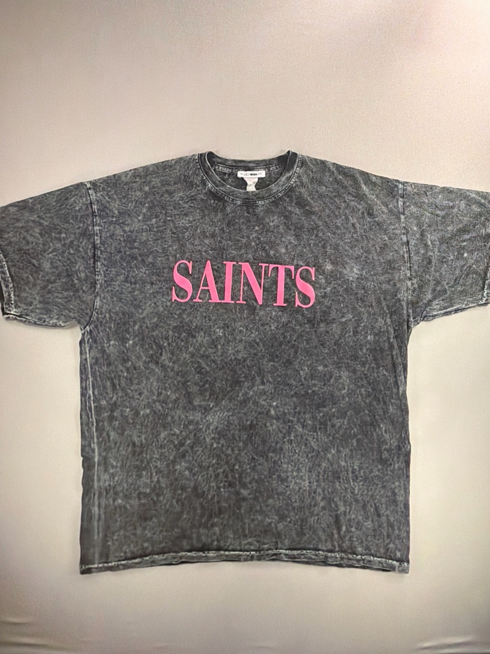 Fashion Nova Gray Mineral Wash 'SAINTS' Tee with Pink Logo